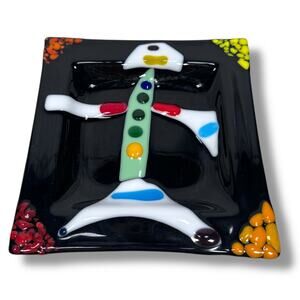 Fused Glass Accent Plate 8" Colorful Geometric Design Square Unsigned Decorative